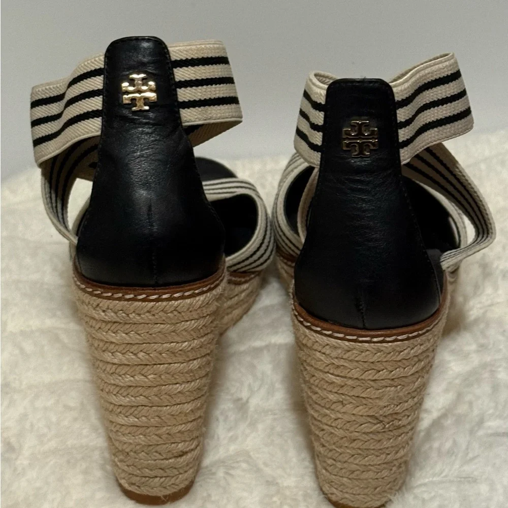 Tory Burch Black and Cream Striped Espadrille Wedge Sandals
